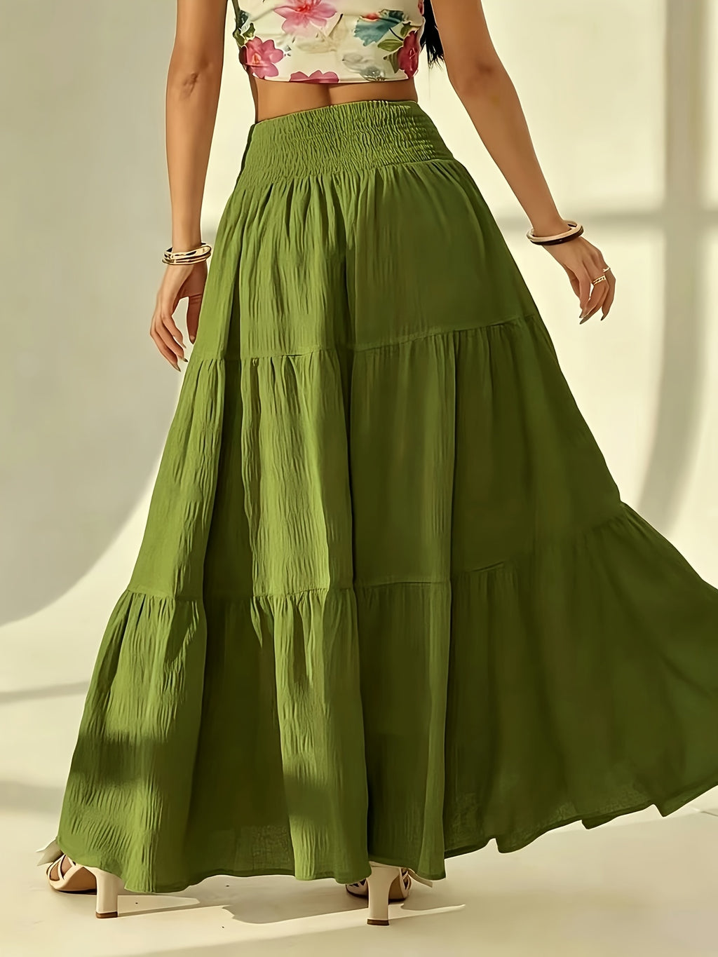 Bohemian Tiered Maxi Skirt, High-Waist Smocked A-Line Flowy Long Skirt, Casual Loose Pleated Solid Color Skirt for Beach Vacation Daily Wear, Women'S Fashion - Olive Green