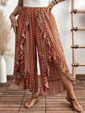 Women's Wide-Leg Ruffle Hem Bell-Bottom Pants with Ethnic/Boho Print - Elastic-Free Trousers for Spring Summer Resort Wear, Machine Washable (Suitable for bohemian, Mediterranean, Asian styles) - Multicolor