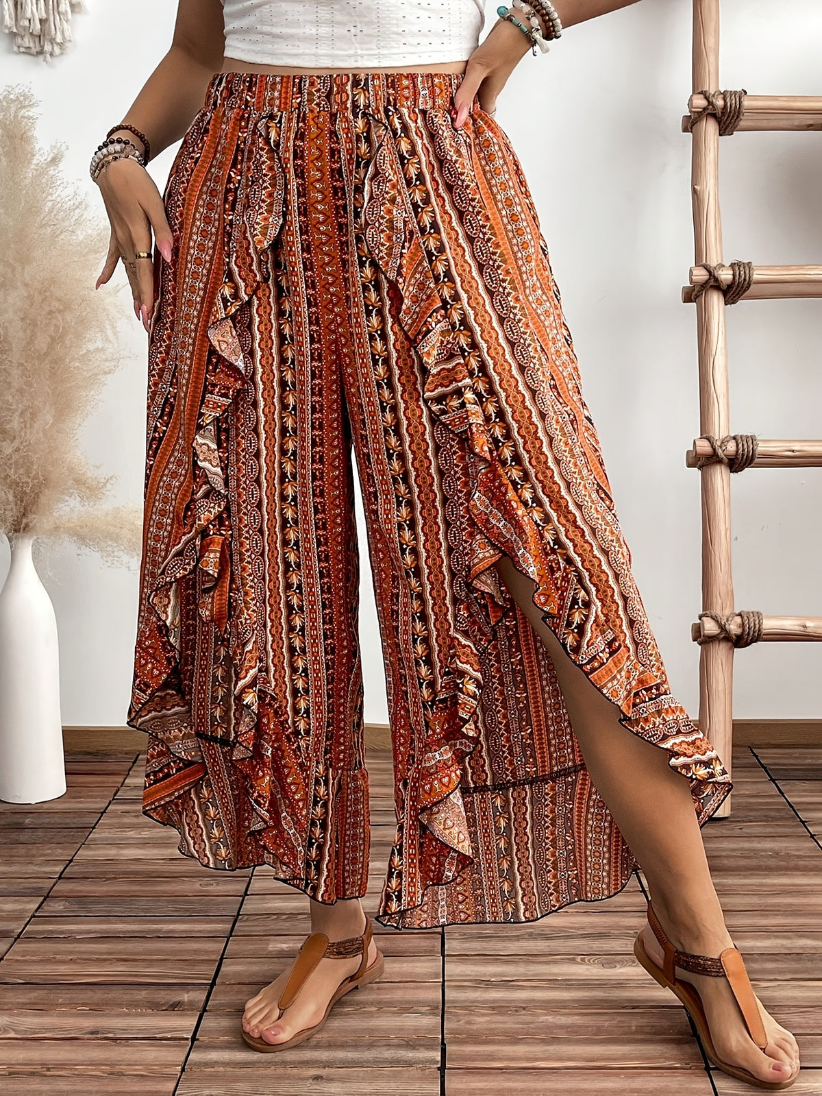 Women's Wide-Leg Ruffle Hem Bell-Bottom Pants with Ethnic/Boho Print - Elastic-Free Trousers for Spring Summer Resort Wear, Machine Washable (Suitable for bohemian, Mediterranean, Asian styles) - Multicolor