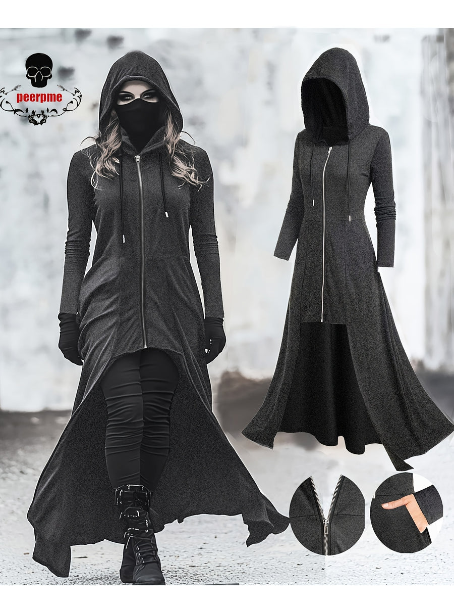 Gothic Ultra-Long Tailcoat Cardigan with Zipper And Hood, Pockets Included, Long Length Hooded Openable Zipper Jacket, Mysterious Ghost Coat, Enigmatic Hooded Ultra-Long Coat - Grey