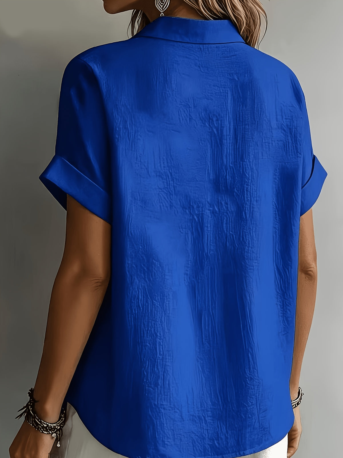 Women's Elegant Vacation-style Short-sleeve Top, Loose and Relaxed Shirt, Commuting Casual Literary Style, Figure-flattering, Daily Temperament Style, Loose and Draping, Breathable and Comfortable - Royal Blue