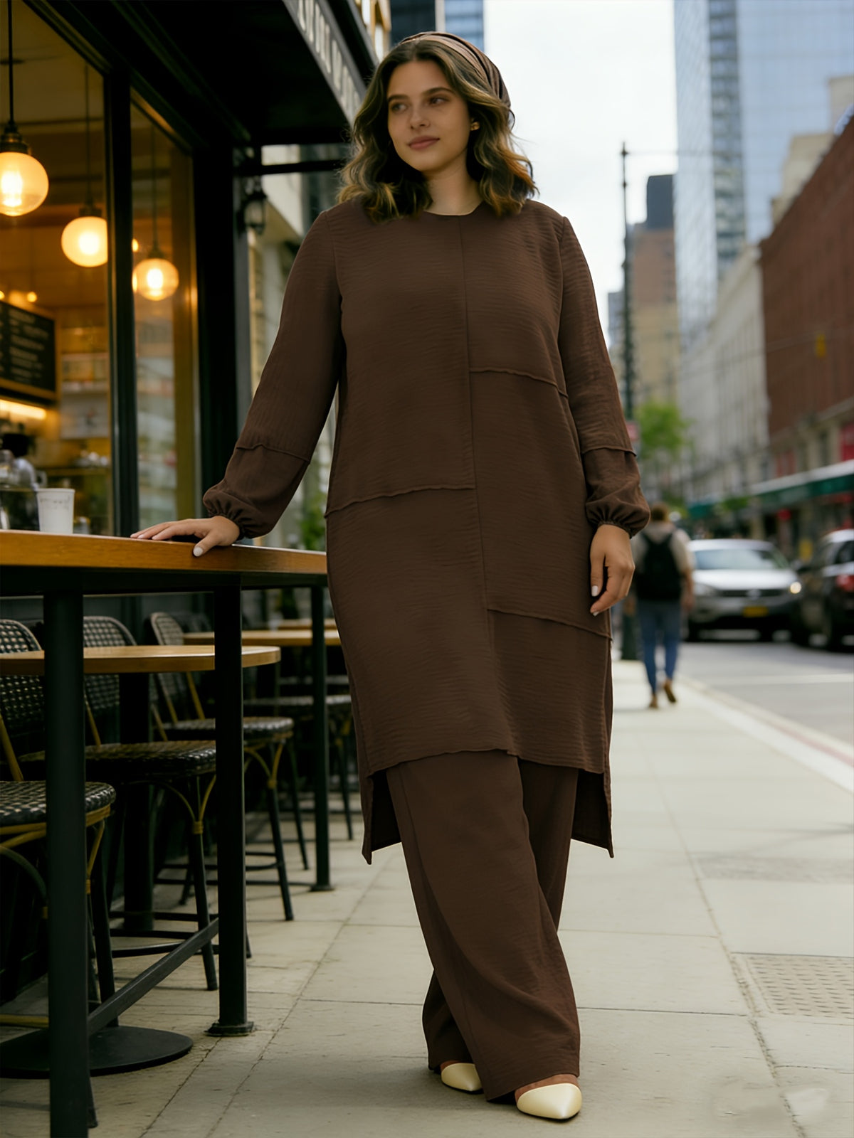 Eid Muslim 2pcs Jilbab Set | Modest Abaya with Wide Leg Pants | Traditional Daily Commute Wear - Coffee Brown