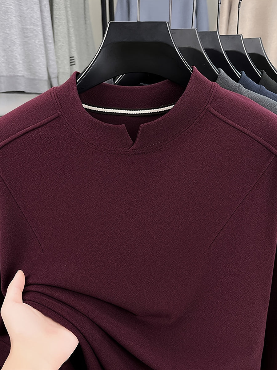Men'S Small V-Neck Corduroy Long Sleeve Base Layer, Light Luxury Business Casual Warm Inner Wear, Featuring Chinese Small Open Collar Design, Suitable for Autumn/Winter Layering And Daily Commute - SINBOS - Angola Red
