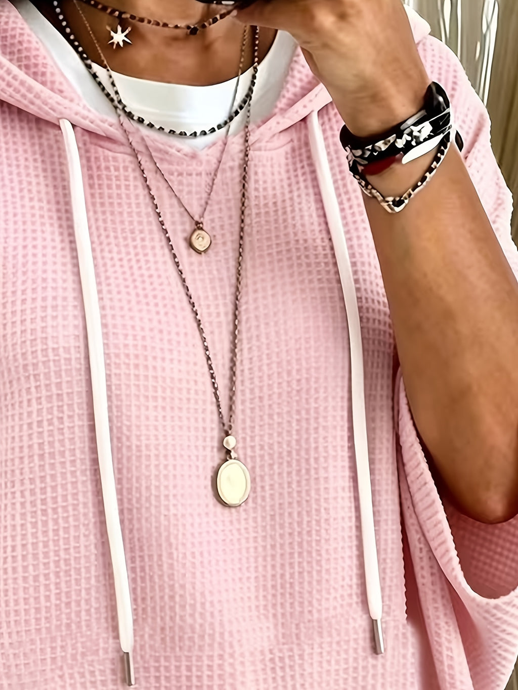Women's Elegant Casual Solid Color Loose Fit Hooded Fashion Waffle Sweatshirt Top - Pink Color