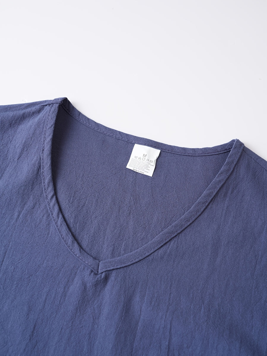 Japanese Texture Pleated Linen Athletic Long Sleeve Men'S Size Large V-Neck Loose Commuter Fitness Outerwear Lightweight Sunscreen Base Layer Summer Non-Stuffy Sunscreen Long Sleeve Loose V-Neck Linen Men'S Casual Athletic T-Shirt - Navy Color
