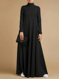 Women'S High Neck Long Sleeve Casual Loose Solid Color Long Dress - Black