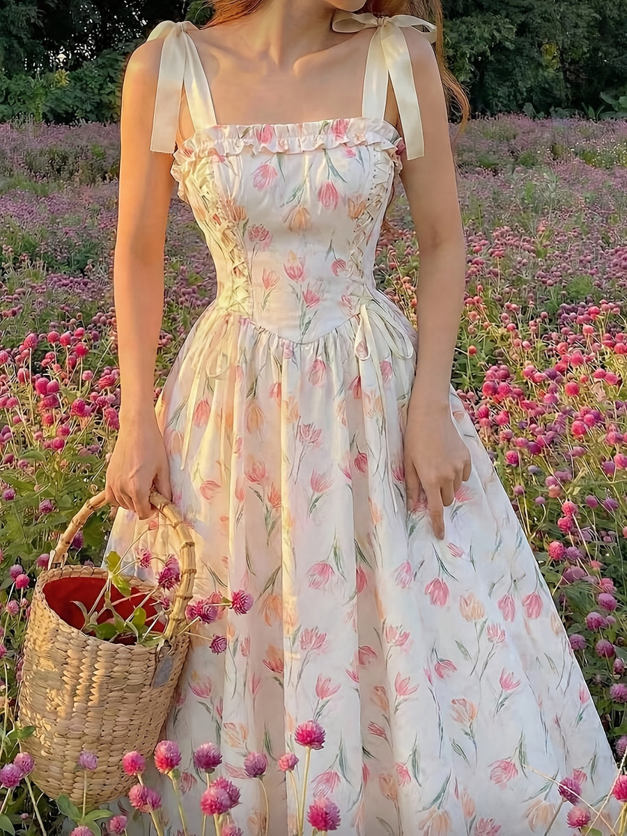 Sweet Floral Print Spaghetti Strap Tie-Up Dress, Waist-Cinching Flared Maxi Dress, Bow Strap Princess Dress, Elegant Vintage Pastoral Style - Tulip