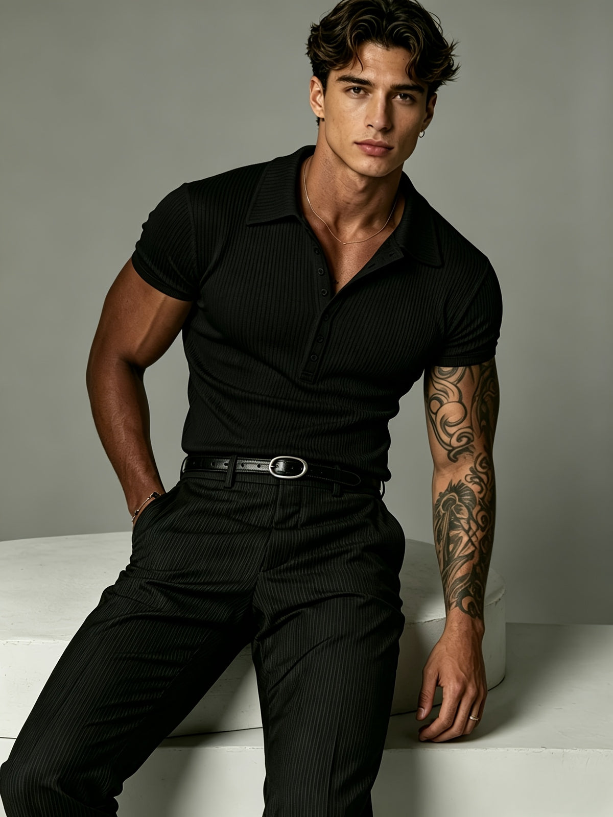 [Josh Mei OBM] 2026 Light Business Men'S White Textured Polo Short Sleeve Vertical Ribbed Henley Half-Button Collar Short Sleeve Stretch Slim Commute Date Versatile Top - Black