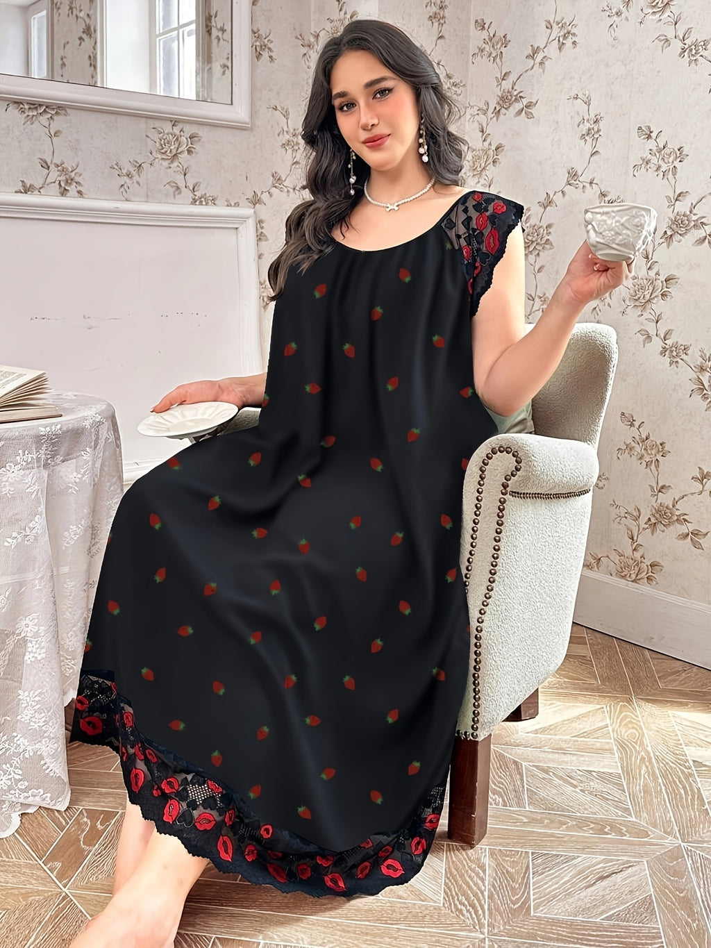 Elegant Lace Trim Nightdress with Small Floral Print - Soft Round Neck Sleepdress Suitable for Year-Round Wear, Machine Washable Bed Nightgown for (Non-) - Mixed Color 1