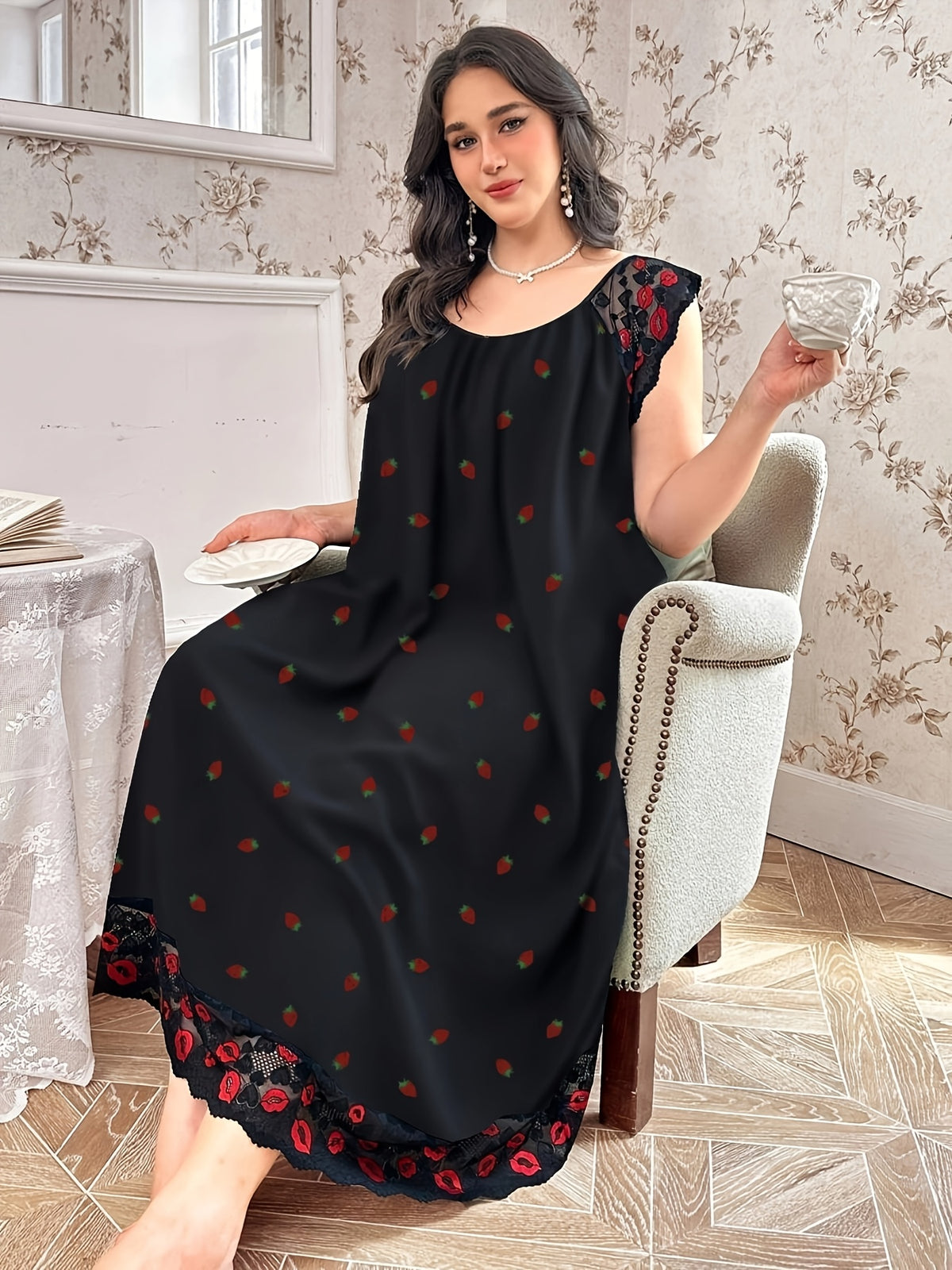 Elegant Lace Trim Nightdress with Small Floral Print - Soft Round Neck Sleepdress Suitable for Year-Round Wear, Machine Washable Bed Nightgown for (Non-) - Mixed Color 1