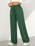 Women's Elegant Straight-leg Trousers with Tree Grain Wrinkle-texture Micro-stretch Fabric, Featuring a Comfortable Elastic Waistband with Drawstring Detail and Side Slant Pockets. Suitable for All Seasons - Green