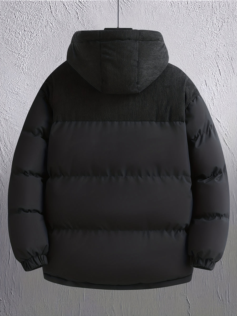2025 New Winter Removable Hood Jacket Men'S Casual Print Hooded Coat Thickened Trendy Top Outerwear Men - Black
