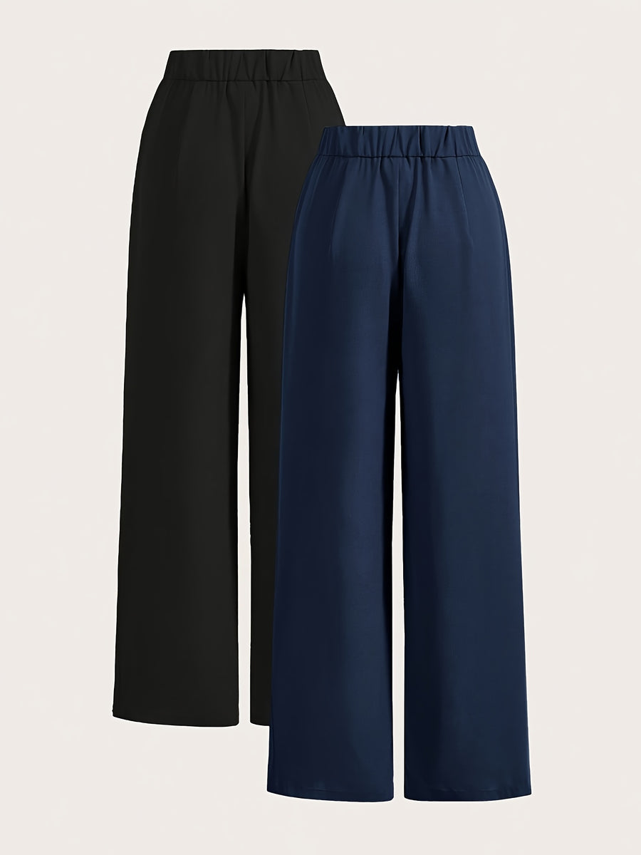 High-Waisted Wide-Leg Pants Two-Piece Set - Navy Blue+Black