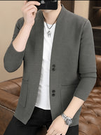 [Dulinglan OBM] Spring/Autumn New Men'S Knit Cardigan, Old Money Style Solid Striped Open Collar V-Neck Knit Cardigan Men'S Business Casual Fashion Open Collar Knit Sweater Top, Suitable for Spring, Autumn, Layering Or Outerwear - Grey