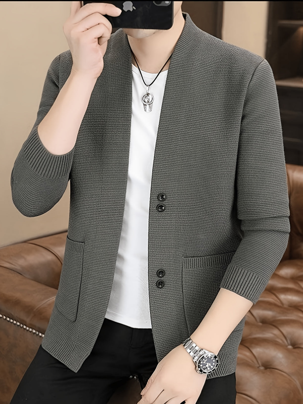 [Dulinglan OBM] Spring/Autumn New Men'S Knit Cardigan, Old Money Style Solid Striped Open Collar V-Neck Knit Cardigan Men'S Business Casual Fashion Open Collar Knit Sweater Top, Suitable for Spring, Autumn, Layering Or Outerwear - Grey