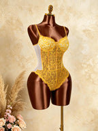 Women's Sexy Bodysuit, Elegant Party Bodysuit, Fashionable Underwire Lace Color-Block Bodysuit for Valentine's Day Parties, Date Nights, and Evening Gatherings, Korean Pop Fashion, Women's Bodycon Corset Clothing, Women's Casual Wear, High-Quality - Yellow