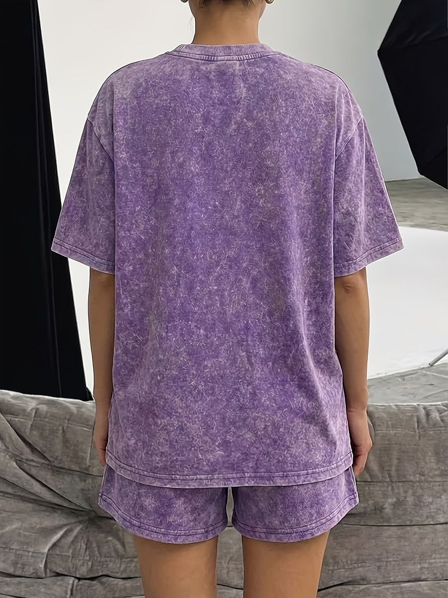 Summer Trendy Fashion Distressed Wash Short Sleeve Shorts Drawstring Women'S Set, Round Floral Bouquet Print, Vintage Dried Flower Style, Mori Literary Style, French Pastoral Style, Comfortable for Hot Weather, Classic Silhouette, Comfortable Fit - Dark Violet