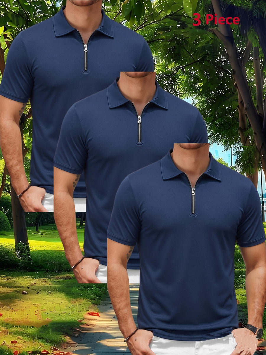 Three-pc Men's Sporty Outdoor Casual Lapel Solid Color Breathable Polo Shirts for High-End Occasions - Three Pieces Of Navy Blue