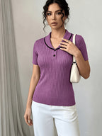 Women'S Summer Clothing Short Sleeve Solid Color Sweater, Lapel Hollow Out Design, Slim Fit Style Pullover, Spring Summer Season - Purple