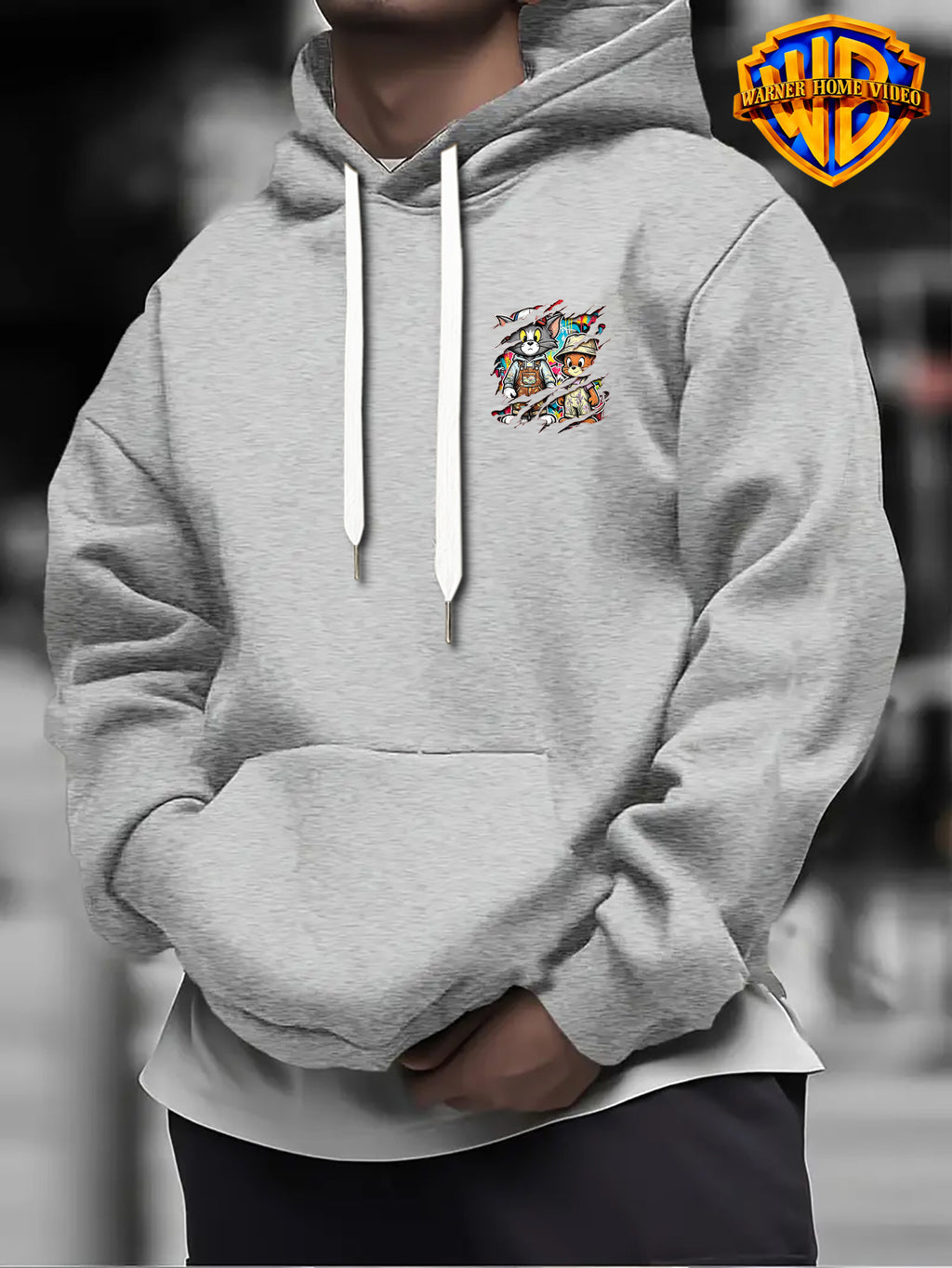 Warner Bros Official 1pc Vintage Painted Cartoon Character Trendy Casual Hoodie - Men's Fashion Hoodie, Adjustable Drawstring Loose and Comfortable Sweatshirt, Suitable for Daily and Outdoor Sports Wear, the Perfect Choice for Warmth in Autumn - Light Grey