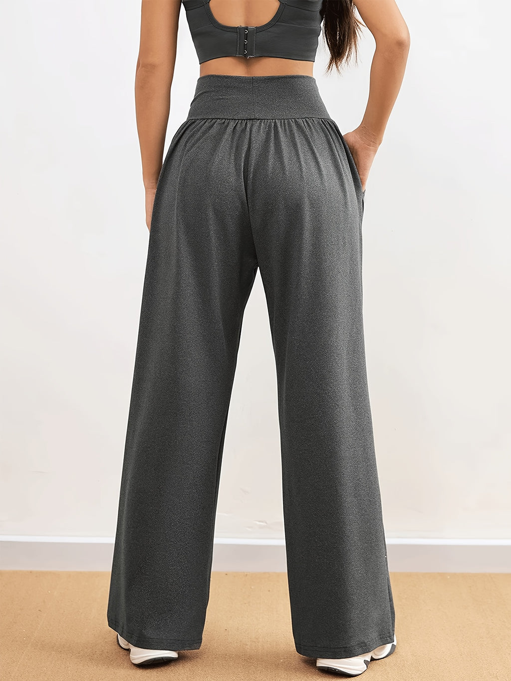 5801 Women's High-Waist Stretchy Loose-Fit Straight-Leg Pants | Solid Color, with Pocket Details, Casual Style, Suitable for All Seasons and Weekend Outings - Dark Gray