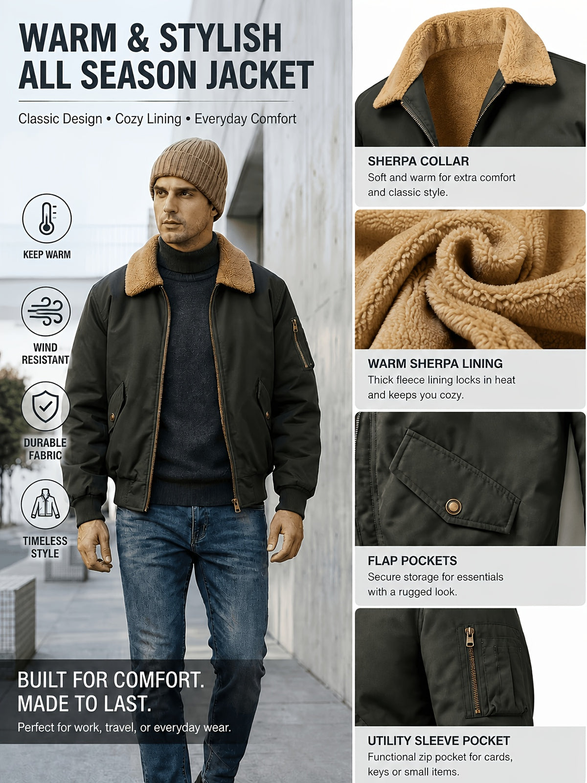 Men'S Autumn Winter Jacket Fleece Bomber Jacket Faux Lamb Shear Fleece Windproof Warm Jacket - Olive Green