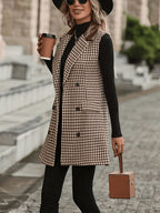 1pc Women'S Houndstooth Suit Vest - Mid-Length Sleeveless Jacket, Contrast Lapel, Button-Front Closure - Suitable for Commute, Office to Party Wear, Machine Washable, Spring/Fall/Winter - Versatile Elegant Women'S Teacher Outfit, Mom Wear - Coffee Brown