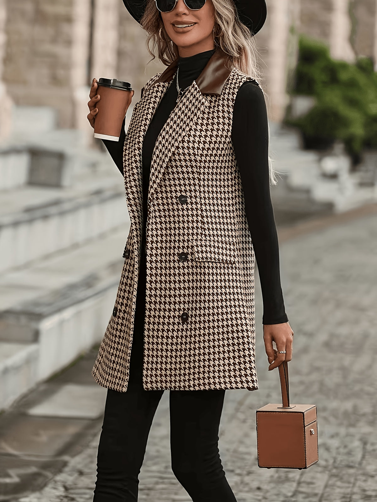 1pc Women'S Houndstooth Suit Vest - Mid-Length Sleeveless Jacket, Contrast Lapel, Button-Front Closure - Suitable for Commute, Office to Party Wear, Machine Washable, Spring/Fall/Winter - Versatile Elegant Women'S Teacher Outfit, Mom Wear - Coffee Brown