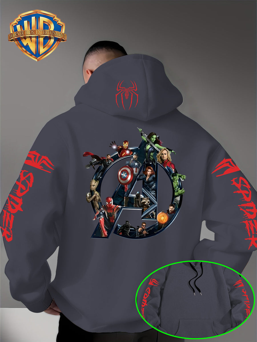Men'S Trendy Fall Hoodie, American Superhero Collection Print Hooded Sweatshirt, Unisex Loose Street Style Casual Top. Casual Daily Style with Drawstring Design, Long Sleeve Knit Sweater, Machine Washable, Perfect for Casual, Athletic - Dark Gray