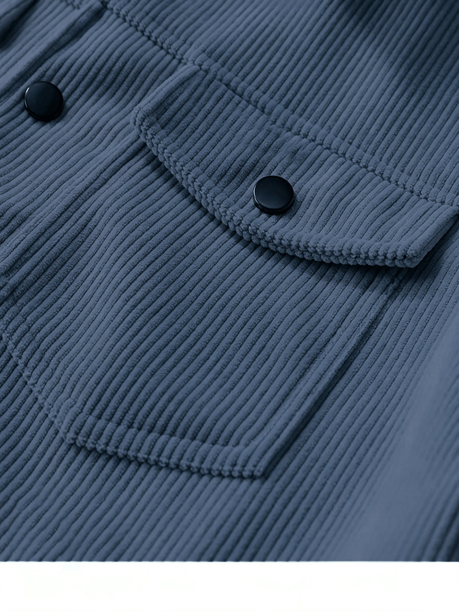 Men'S Solid Color Corduroy Cargo Jacket, Multi-Pocket Casual Coat, Fashionable And Versatile Trendy Top - Blue