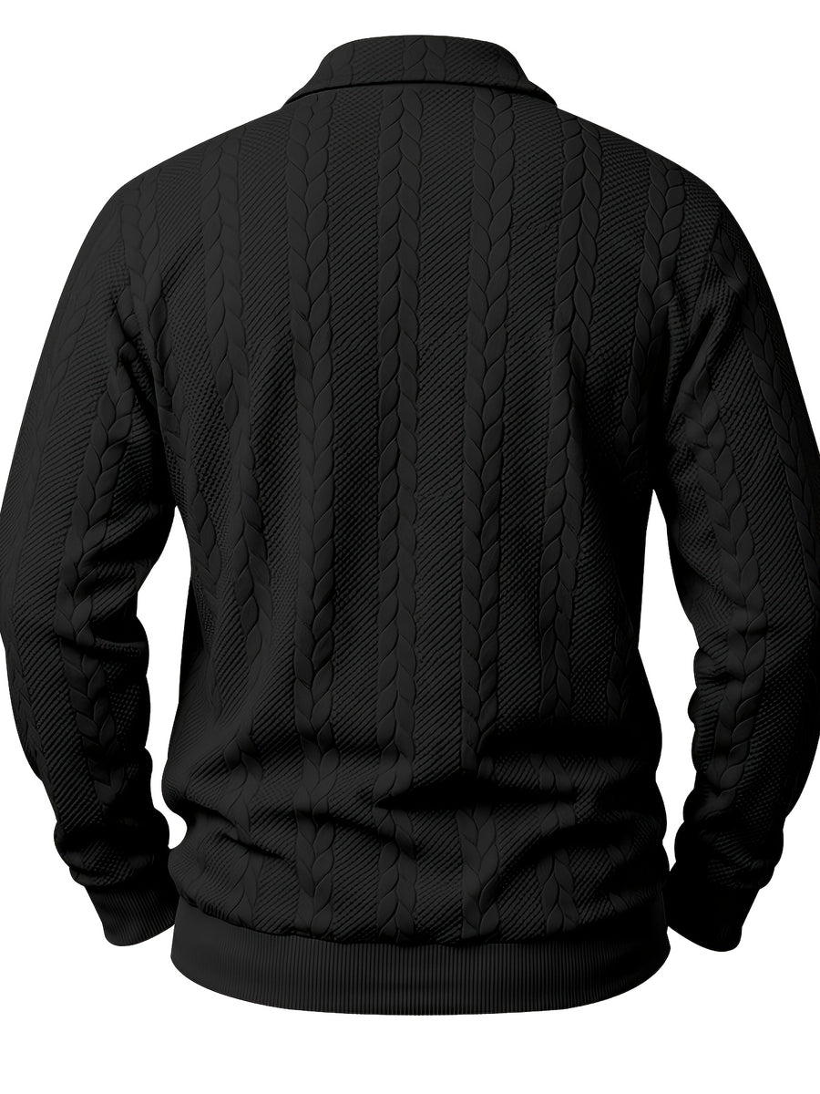 1pc Men's Striped Jacquard Long-Sleeve Polo Shirt, Autumn/Winter Textured Vintage Style Outdoor Casual Henley Top - Black