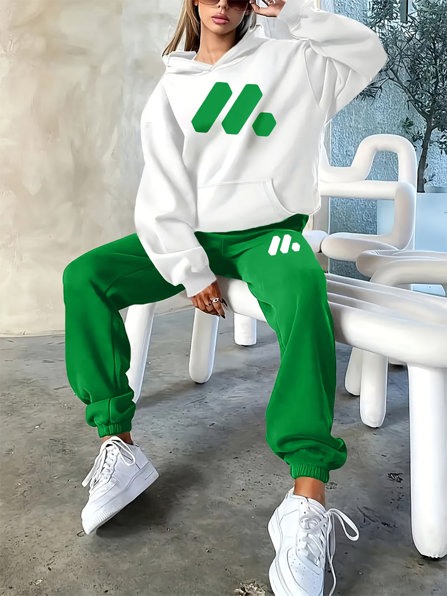 2025 Fall/Winter New Geometric Pattern Casual Letter Print Loose Warm Long Sleeve Hooded Sweatshirt and Drawstring Elastic Waist Pants Women's Two-Piece Set - White Green