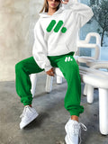 2025 Fall/Winter New Geometric Pattern Casual Letter Print Loose Warm Long Sleeve Hooded Sweatshirt and Drawstring Elastic Waist Pants Women's Two-Piece Set - White Green