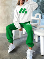 2025 Fall/Winter New Geometric Pattern Casual Letter Print Loose Warm Long Sleeve Hooded Sweatshirt and Drawstring Elastic Waist Pants Women's Two-Piece Set - White Green