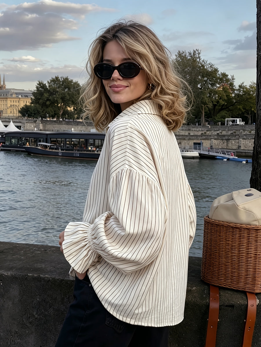 New Autumn Striped Women's Holiday Wear, Casual and Elegant for Outings, Dates, Back-to, Pleated Ruffle Front Button-Up Light Apricot Shirt, Early Autumn Street Style, Music Festival, Graduation, Beach Vacation, Beachwear, Party Wear, Birthday Wear - Light Beige
