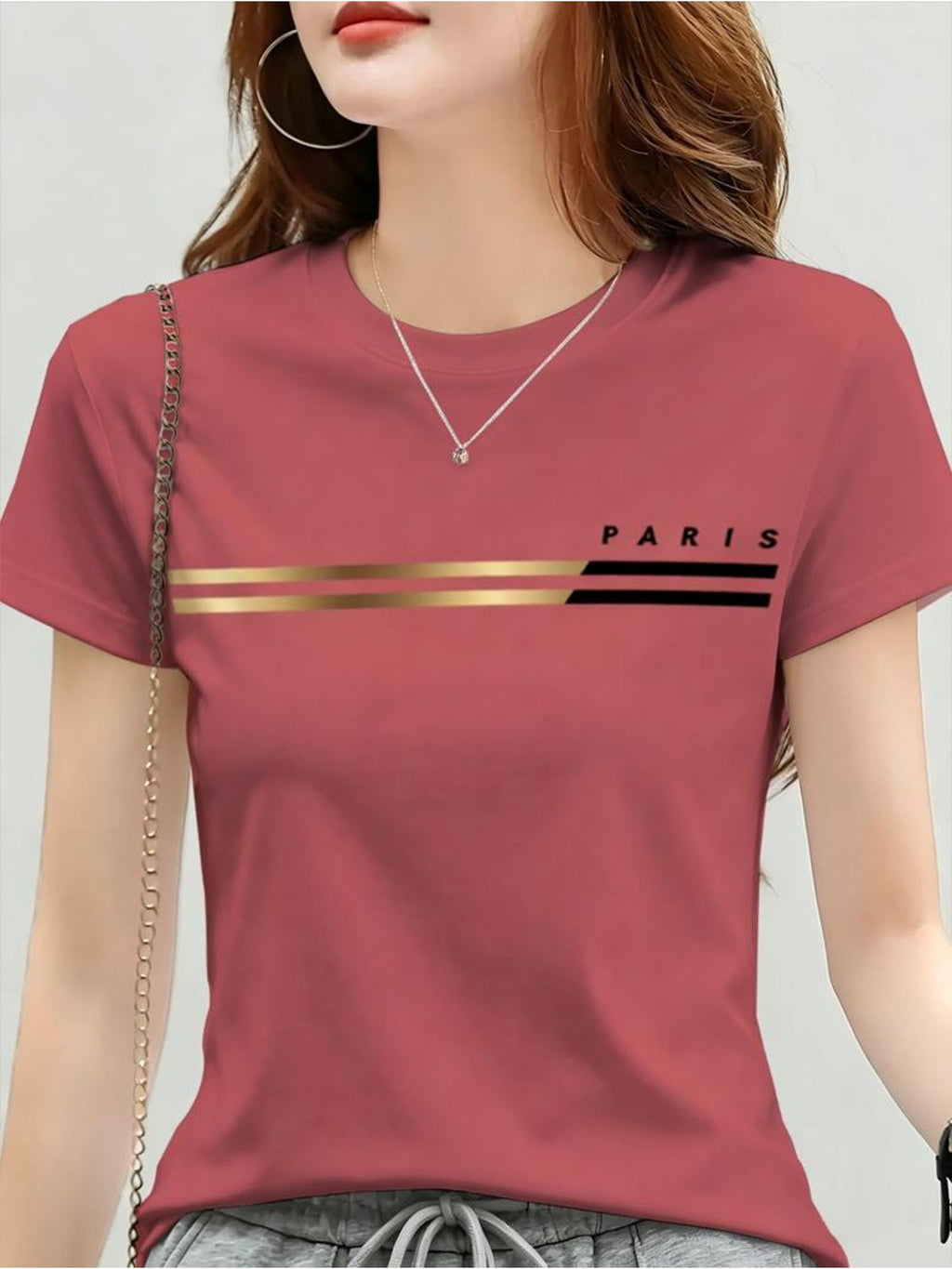 Printed Design - Not Textured New Women'S Easy Golden Striped PARIS Letter Print Short Sleeve T-Shirt Casual Daily Item - Mixed colors