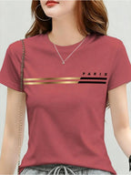 Printed Design - Not Textured New Women'S Easy Golden Striped PARIS Letter Print Short Sleeve T-Shirt Casual Daily Item - Mixed colors