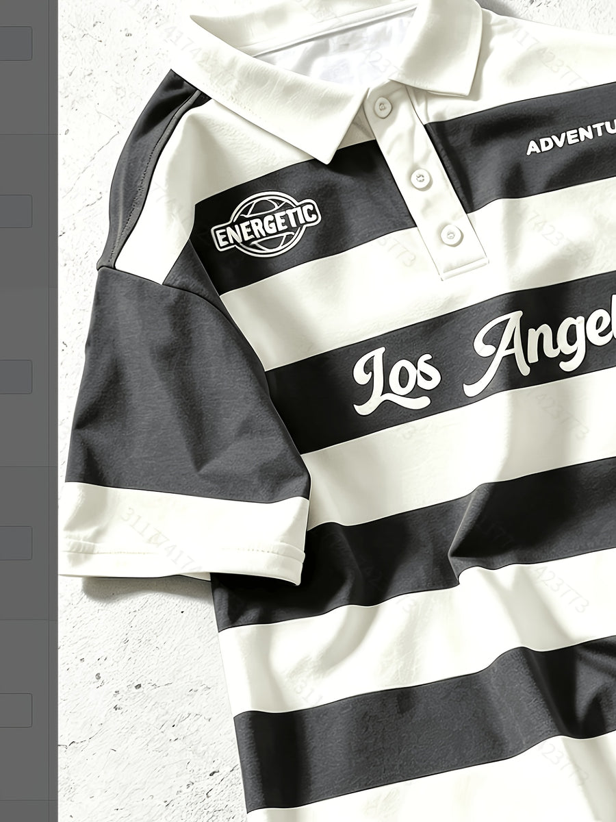 [Digital Print] Men'S Polo Shirt, Black And White Striped Print Short Sleeve Top, Lapel Style, American Casual Trendy Men'S Clothing, Multi-Color Selection - Mixed Color G