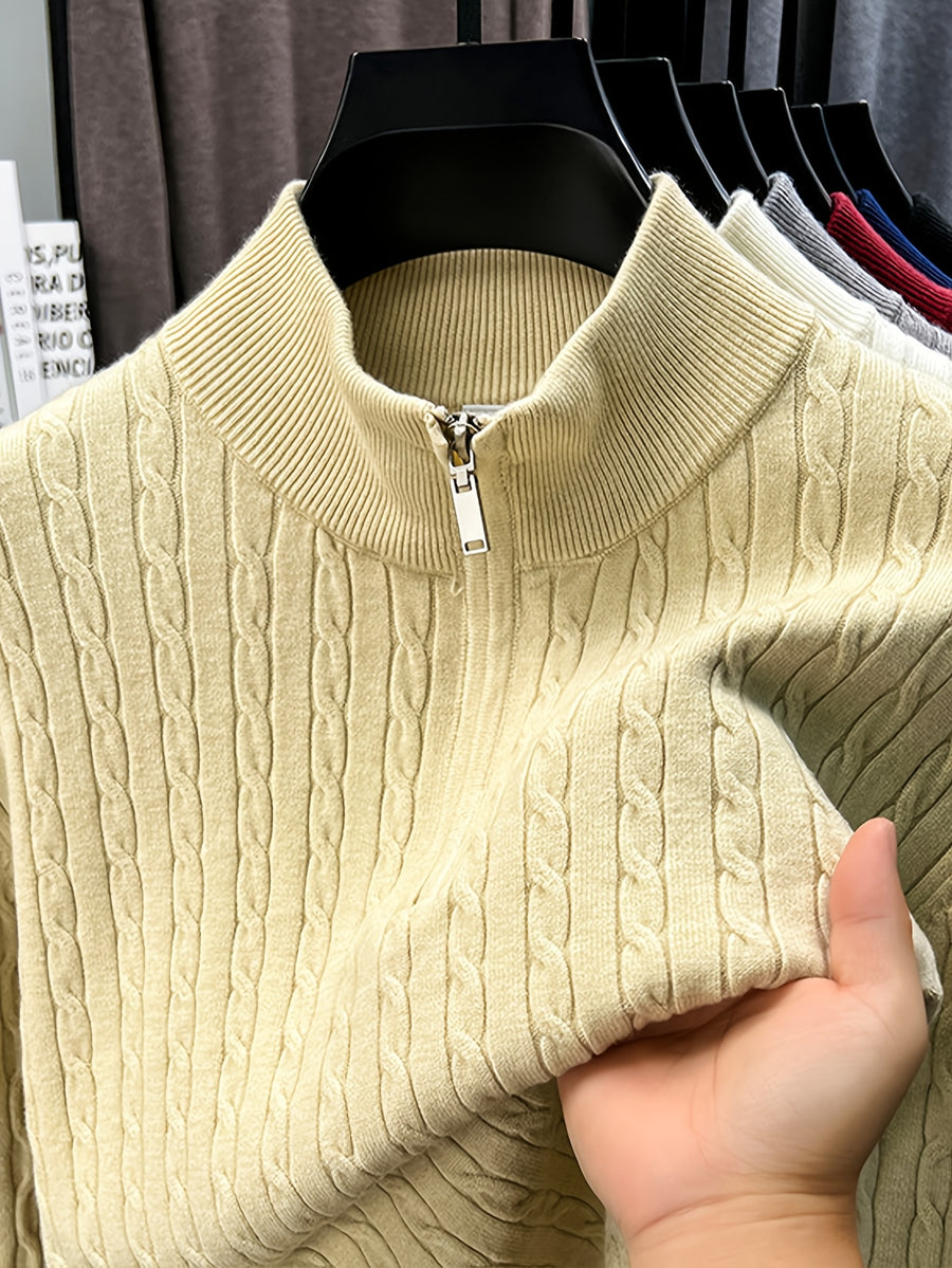 Half-zip Cable-knit Sweater, Fully Constructed with Herringbone Cable Stitching for a Strong Three-dimensional Texture. Compared to a Stockinette Sweater, It Has a More Vintage Feel. The Slightly Relaxed Fit Offers Good Forgiveness for Body Shapes - Beige Apricot
