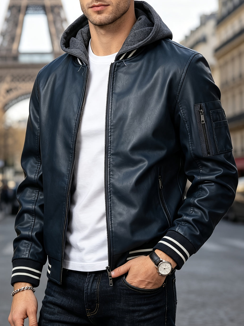 2026 New Best Choice 1pc Men'S Faux Leather Solid Color Hooded Lining Fleece Faux Leather Jacket Metal Zipper Multi-Pocket Design Casual Light Business Style Fall Slim Commute Daily Coat - Blue