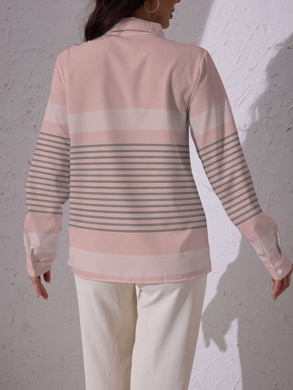 Spring/Autumn Women'S Casual Lapel Long Sleeve Shirt, Pinkish-Gray Striped Print, Everyday Versatile Top, Printed Design - Non-Textured - Mixed colors