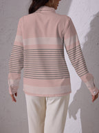 Spring/Autumn Women'S Casual Lapel Long Sleeve Shirt, Pinkish-Gray Striped Print, Everyday Versatile Top, Printed Design - Non-Textured - Mixed colors