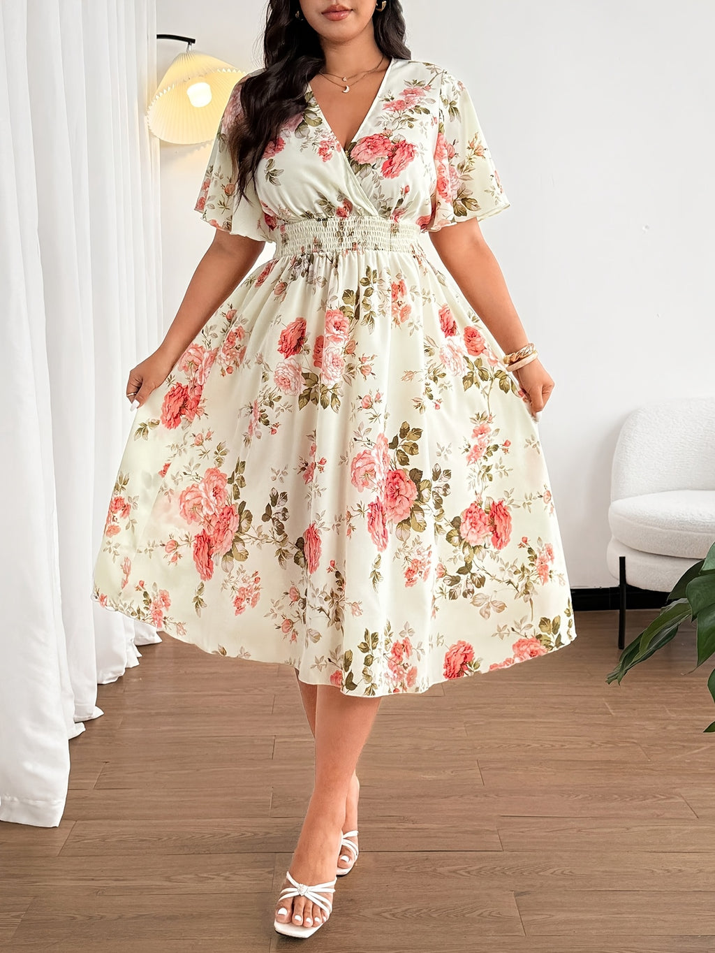 Plus Size - Summer Women'S Plus Size Women'S Summer Fashion Elegant Temperament Bohemian Floral Print Mid-Length Short-Sleeved Head Set V-Neck Loose Elastic Waist Lotus Leaf Sleeves Suitable for Vacation, Weddings, Formal Occasions, Festivals - Apricot