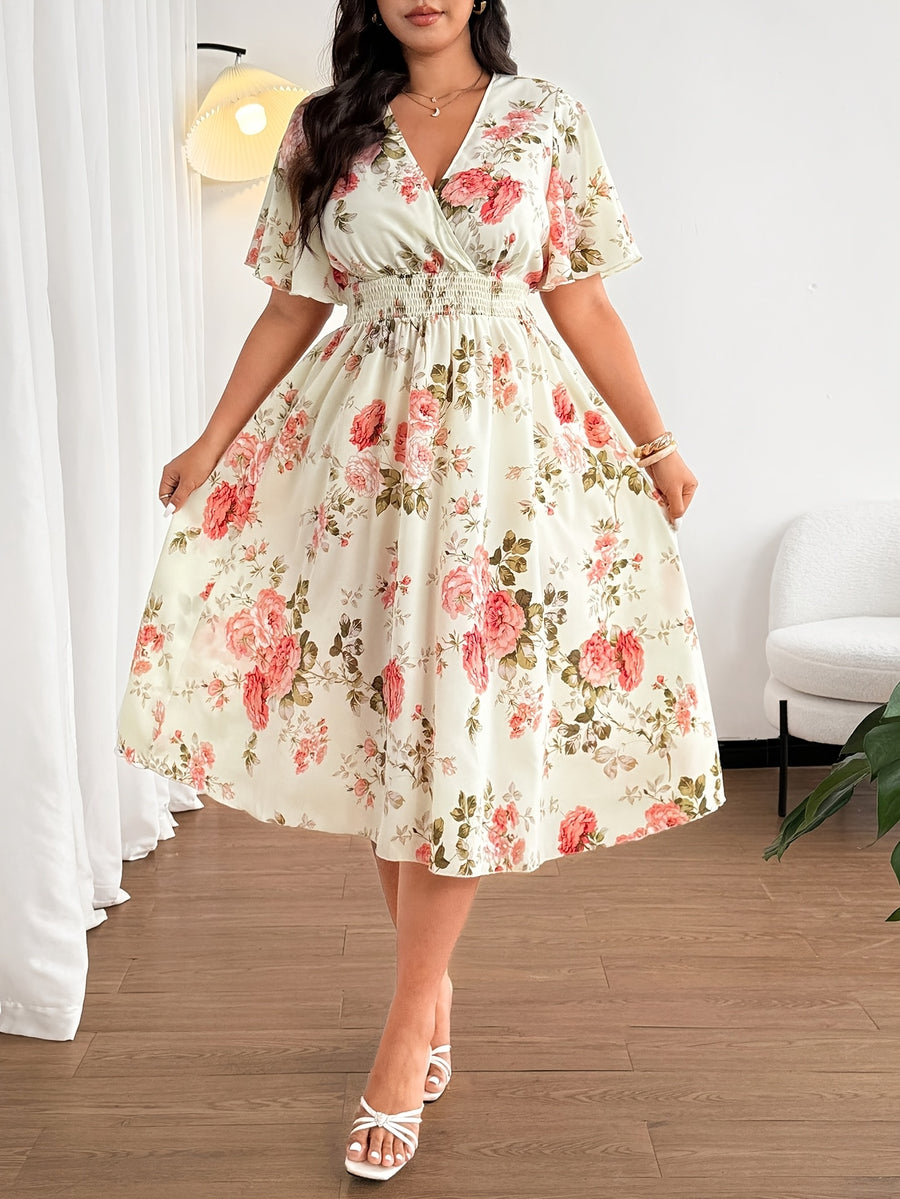 Plus Size - Summer Women'S Plus Size Women'S Summer Fashion Elegant Temperament Bohemian Floral Print Mid-Length Short-Sleeved Head Set V-Neck Loose Elastic Waist Lotus Leaf Sleeves Suitable for Vacation, Weddings, Formal Occasions, Festivals - Apricot