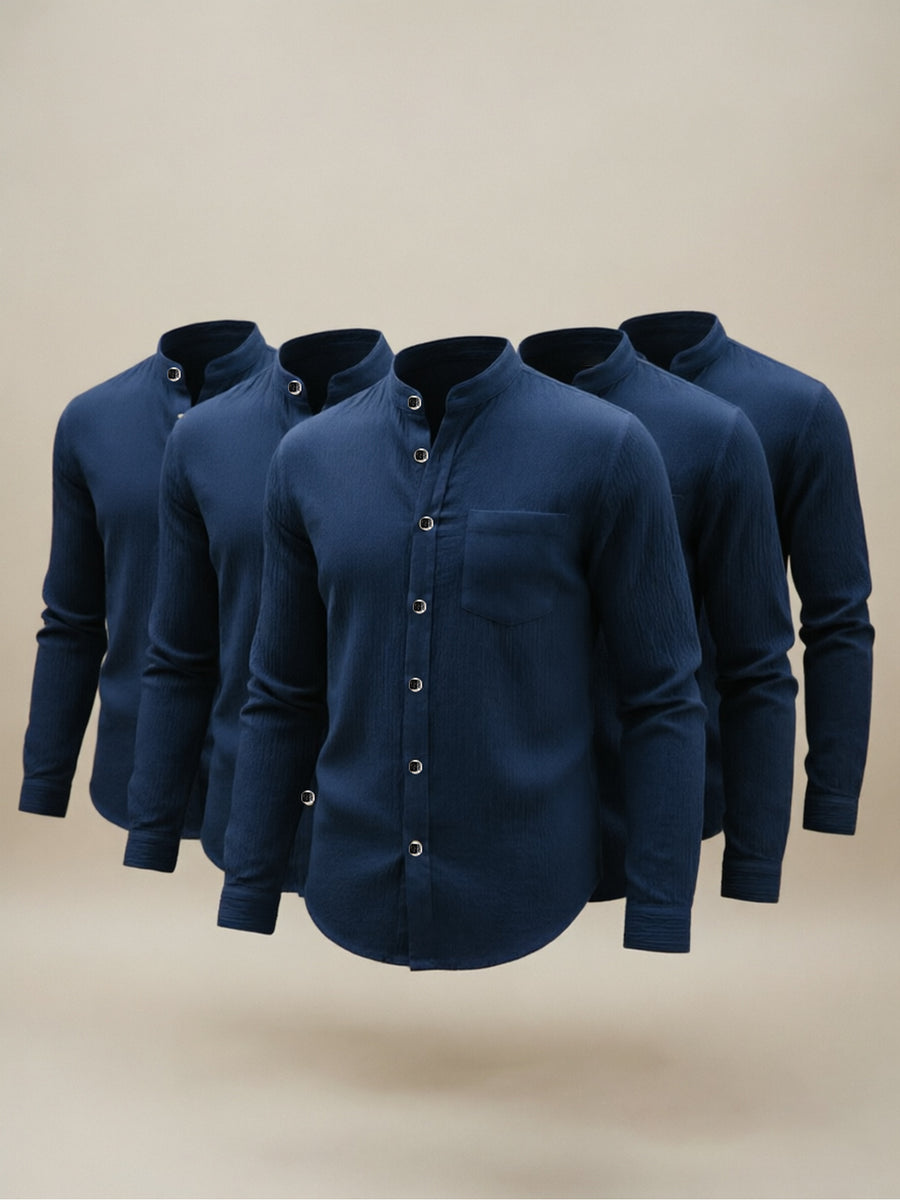 5pcs Men's  Long-Sleeve Shirts - Lightweight and Breathable Fabric with Pockets, Suitable for Summer Outdoor Walks and Vacation Wear, Ideal Gift, Casual Style, Durable Construction, Essential Travel Set - Navy Color