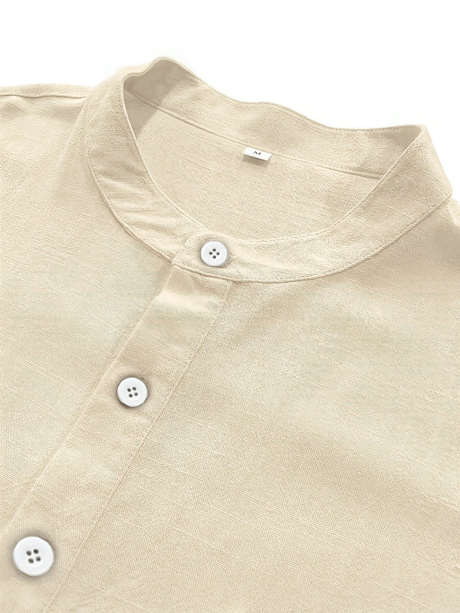 Men'S Summer Linen Short Sleeve Shirt, Stand Collar Half-Button Henley Style with Chest Pocket, Loose Breathable Linen Blend Casual Vacation Shirt - Khaki
