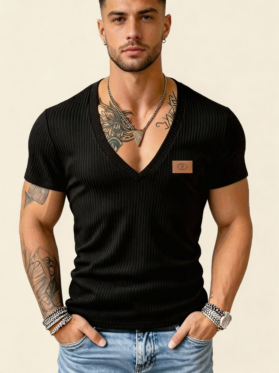 Versatile Vertical Stripe Short-Sleeve T-Shirt for Men, Deep V-Neck Textured Slim Fit Top for Commuting and Fitness - Black 8