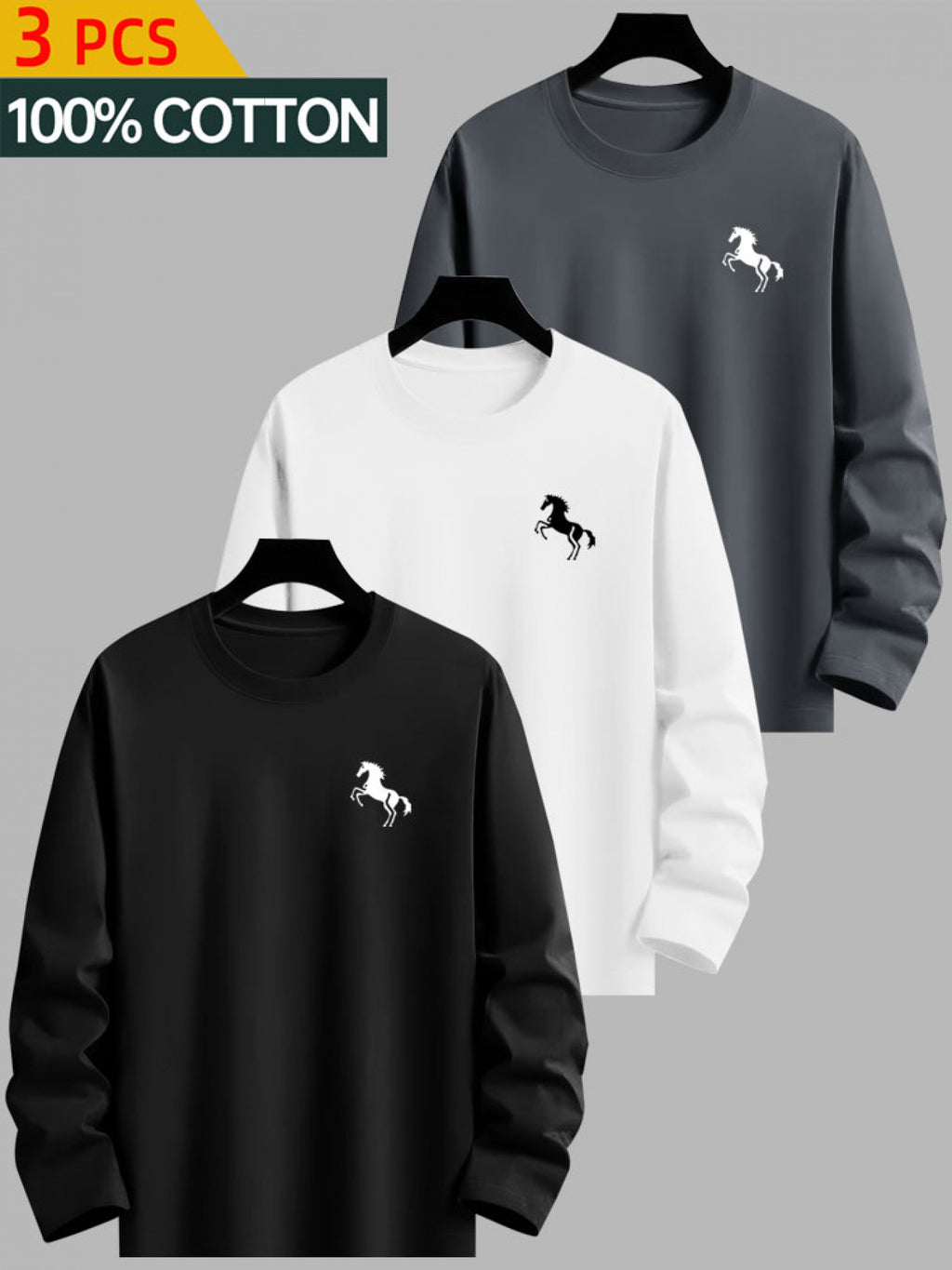 3pcs - 100% Cotton Men's Long Sleeve T-Shirts, Minimalist Horse Print Design, Round Neck Base Layer Tops, Comfortable Pure Cotton Fabric, Suitable for Outdoor/Casual/Sports, Machine Washable - Combination Color 2
