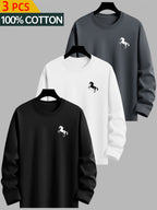 3pcs - 100% Cotton Men's Long Sleeve T-Shirts, Minimalist Horse Print Design, Round Neck Base Layer Tops, Comfortable Pure Cotton Fabric, Suitable for Outdoor/Casual/Sports, Machine Washable - Combination Color 2