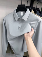 [Saa Xing OBM] 1pc Spring/Autumn New Men'S Polo Shirt, Old Money Style Textured Solid Color Half-Button Collar Single-Button Polo Neck Long Sleeve Men'S Fashion Versatile Pullover Base Layer Top, Suitable for Spring, Autumn, Wear - Light Grey